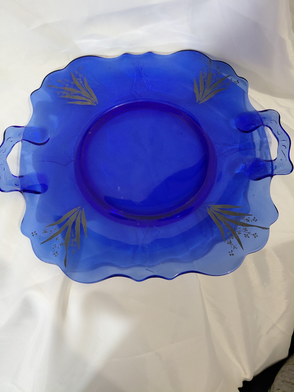 Source Unknown Cobalt Blue Glass Serving Platter with Gold Accents